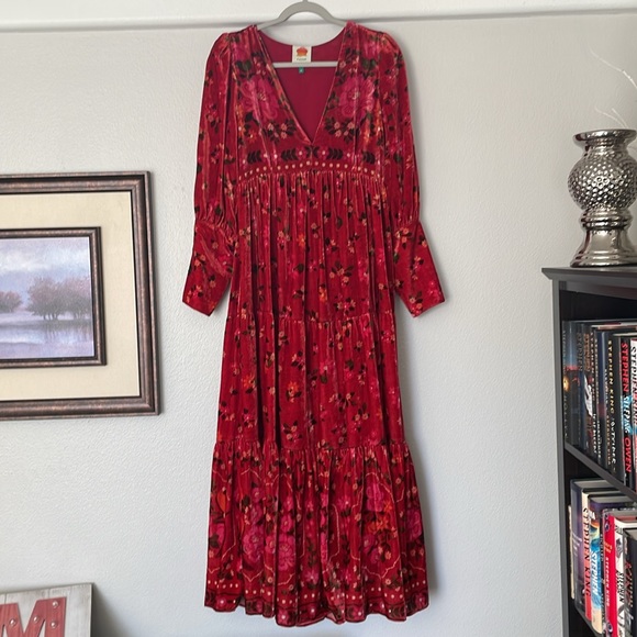 NWOT FARM Rio Red Velvet Long Sleeve Button Cuff Romantic Garden Dress Medium - Picture 2 of 11